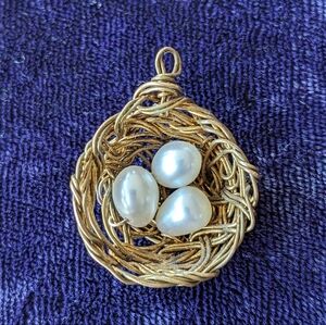 Unique Handmade Bird Nest Pendant With Three Eggs - Natural Pearls